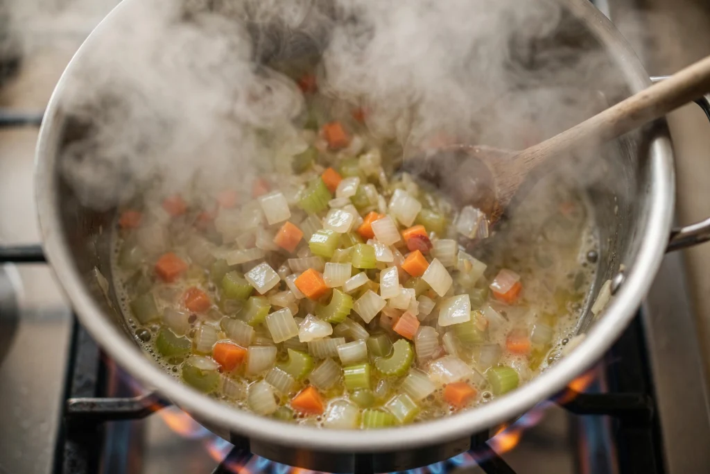 sauteing onions carrots celery mirepoix steam pot