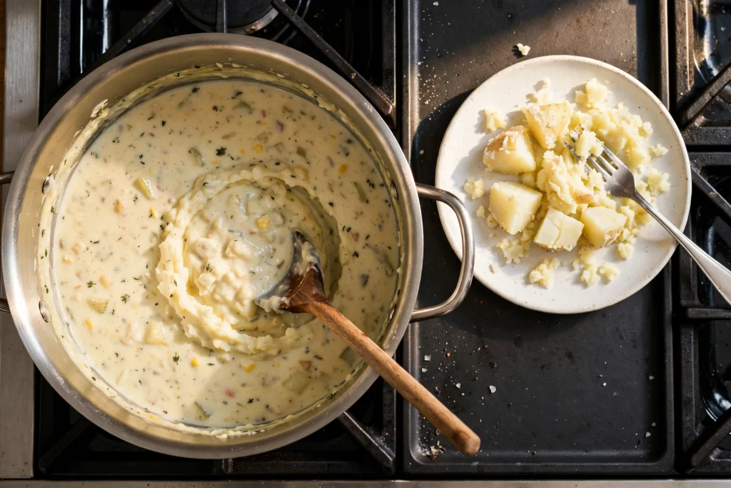creamy clam chowder thickened mashed potatoes pot