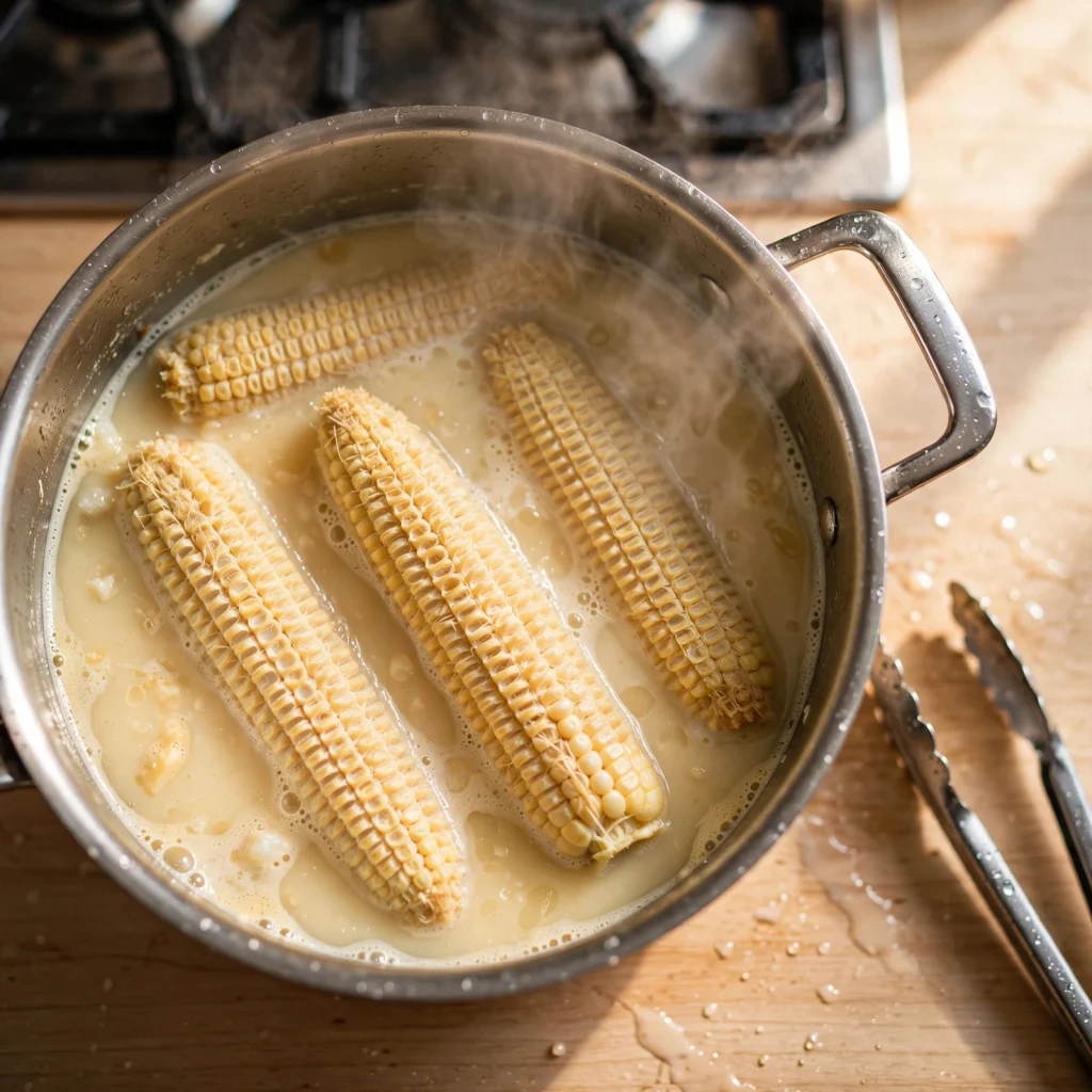 simmering corn cobs broth stock pot