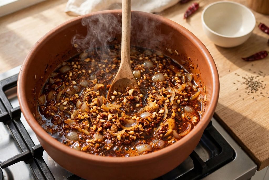 Chili powder, cumin, and smoked paprika sizzling with garlic and onion in a large pot.