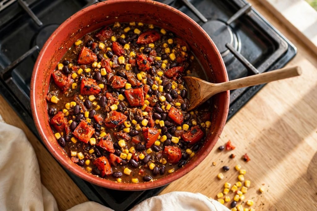  Diced tomatoes, black beans, and corn stirred into the spiced soup base in a large pot.