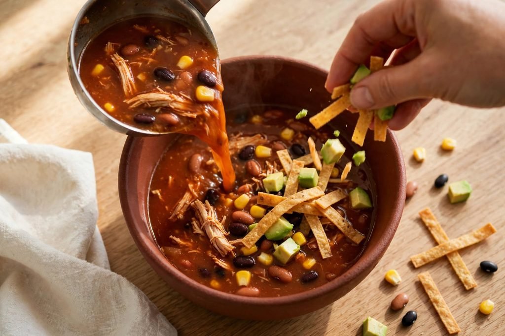 A bowl of chicken tortilla soup being topped with crispy tortilla strips and diced avocado.