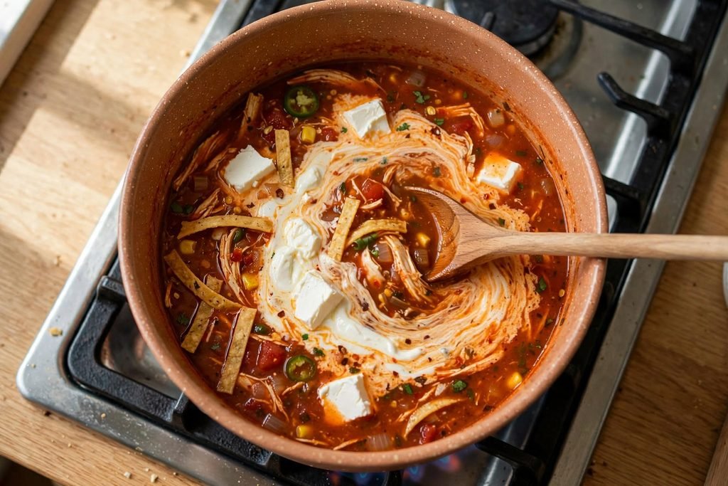 Cream cheese cubes melting into chicken tortilla soup broth over low heat.