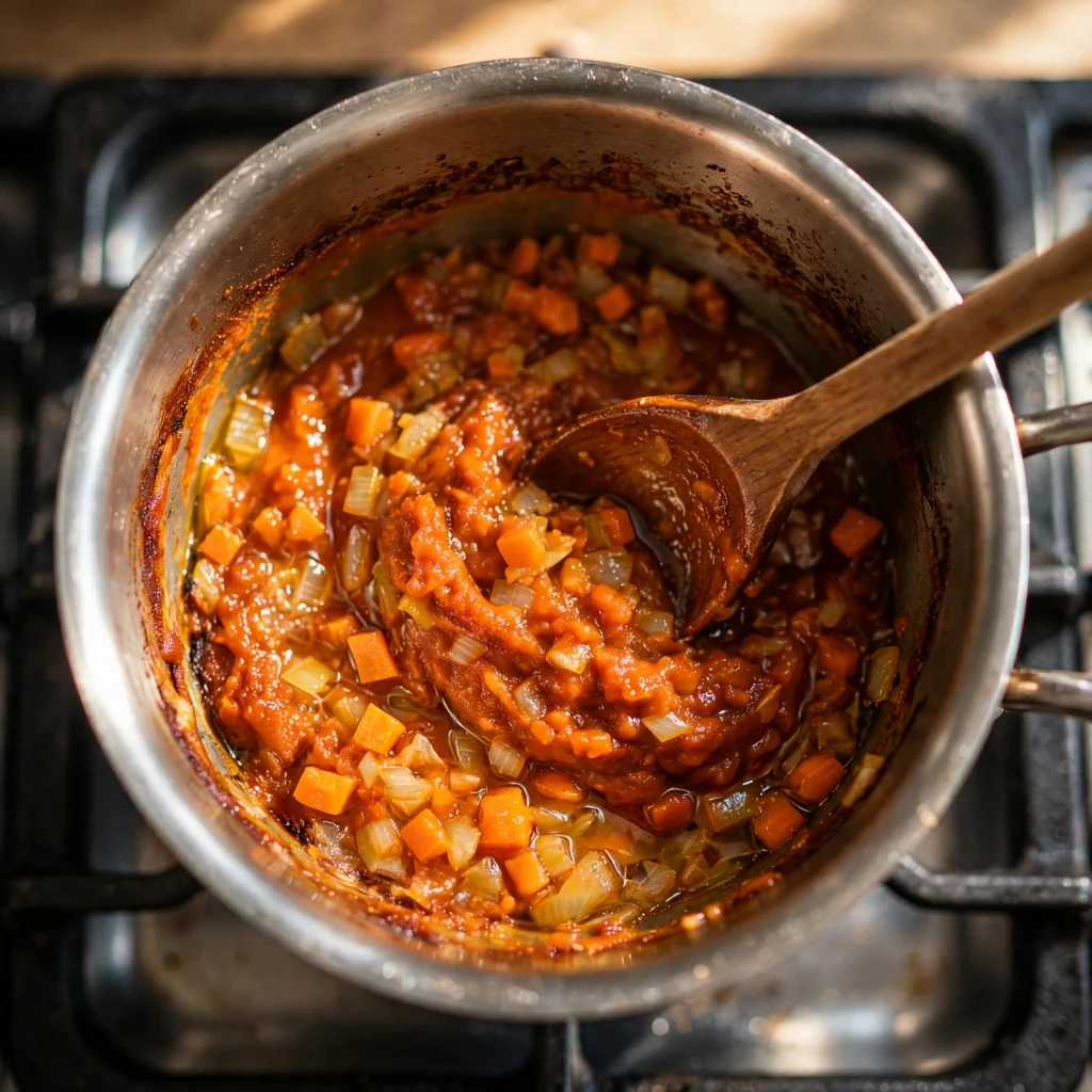 stirring tomato paste into onion carrot sauté for soup base