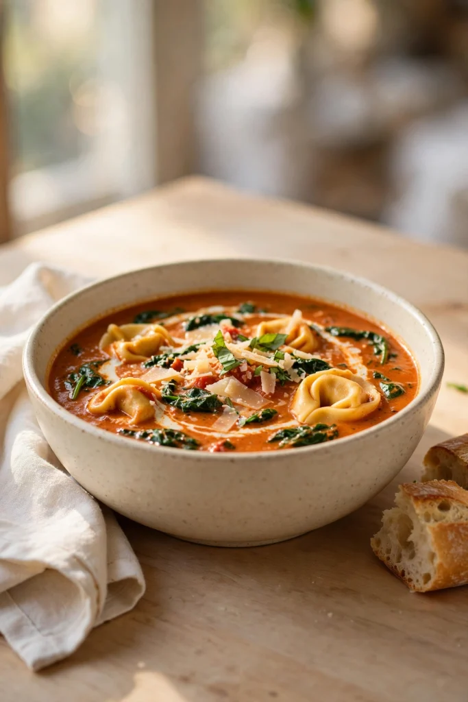 Creamy tomato tortellini soup with cheese tortellini, spinach and parmesan in a white bowl
