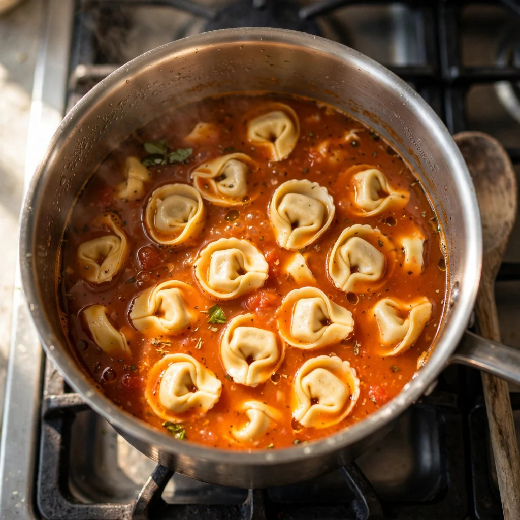 tortellini cooking in tomato broth pot overhead