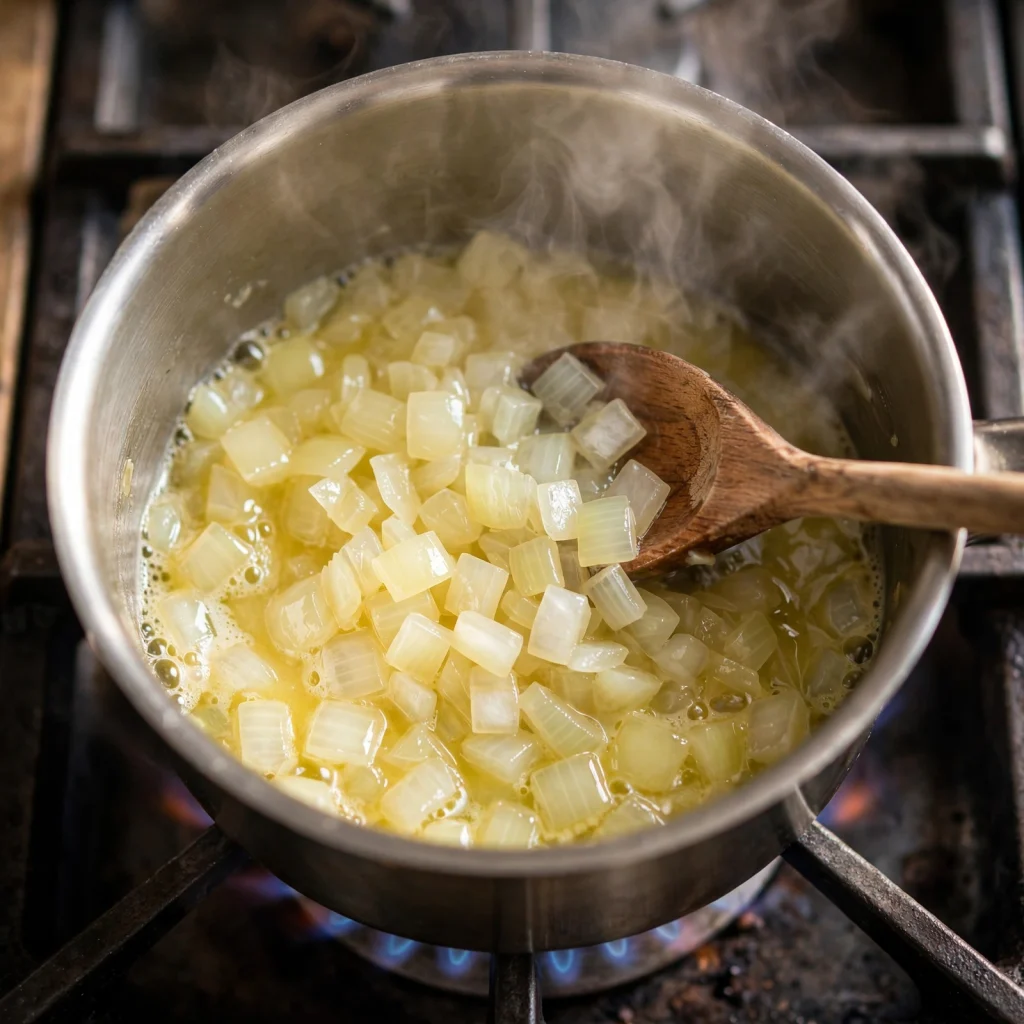 Diced onions turning translucent and simmering in buttery broth in stainless steel saucepan with wooden spoon on gas stove, steam rising