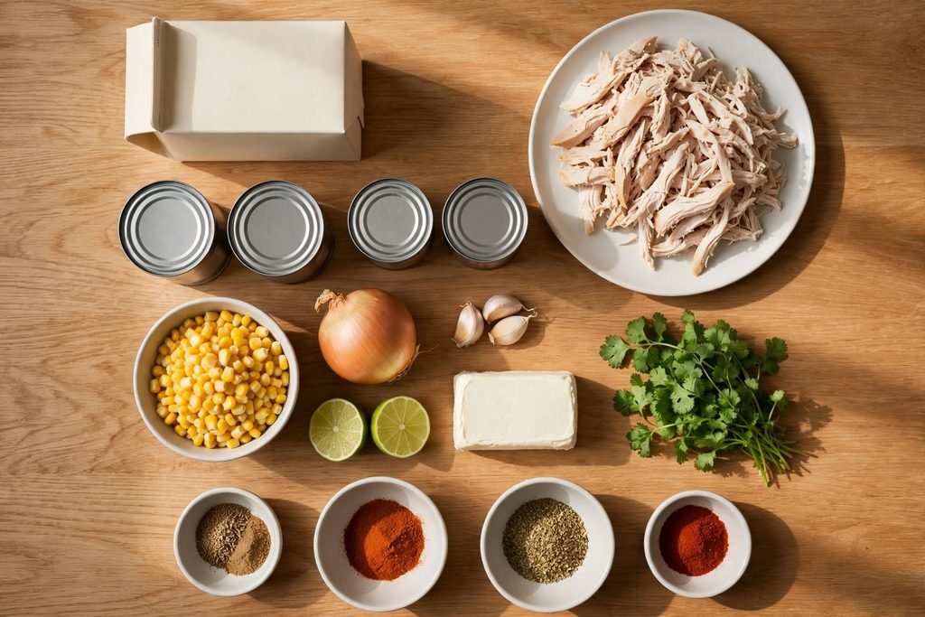 All white chicken chili ingredients laid out on a wood surface, including chicken, beans, broth, chilies, and spices.