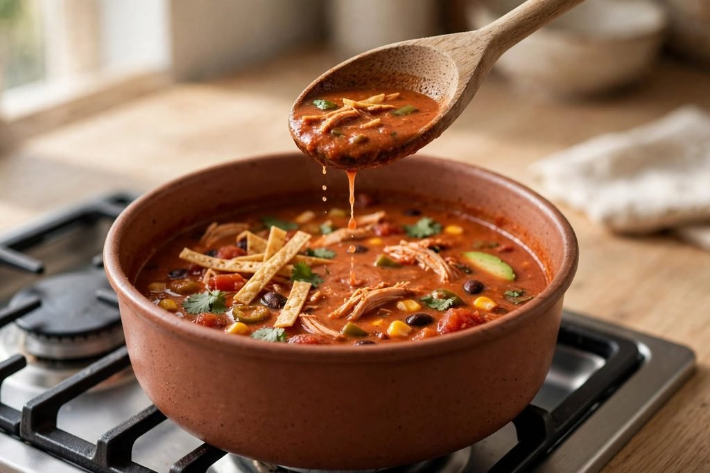 A spoon lifted from a pot of chicken tortilla soup for tasting and final seasoning.